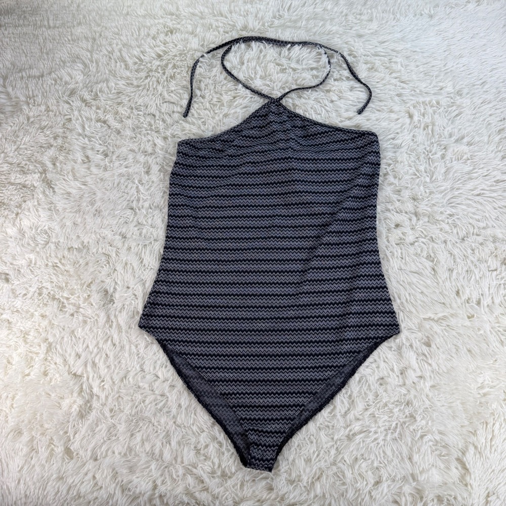 Heatherly Malka Knit Bodysuit Navy Blue XXL Zig Zag Halter Neck New Y2K 90s Chic